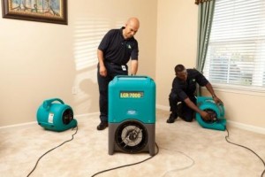 water damage restoration team removing water from carpet